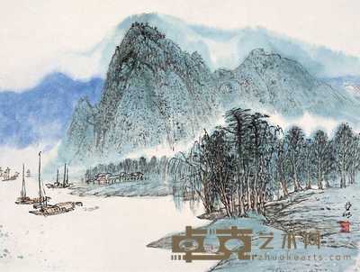 亚明 江岸泊舟 镜心　 34×45cm